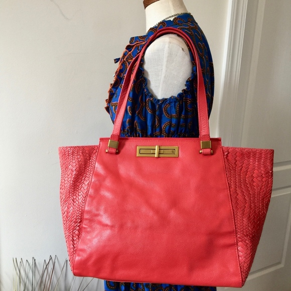 Elliott Lucca Large Red Leather Tote w/Woven Sides - Picture 8 of 9